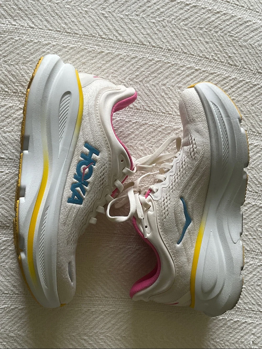 Hoka White Bondi 9 size 6.5 wide Running Shoes with Blue, Pink & Yellow Accents